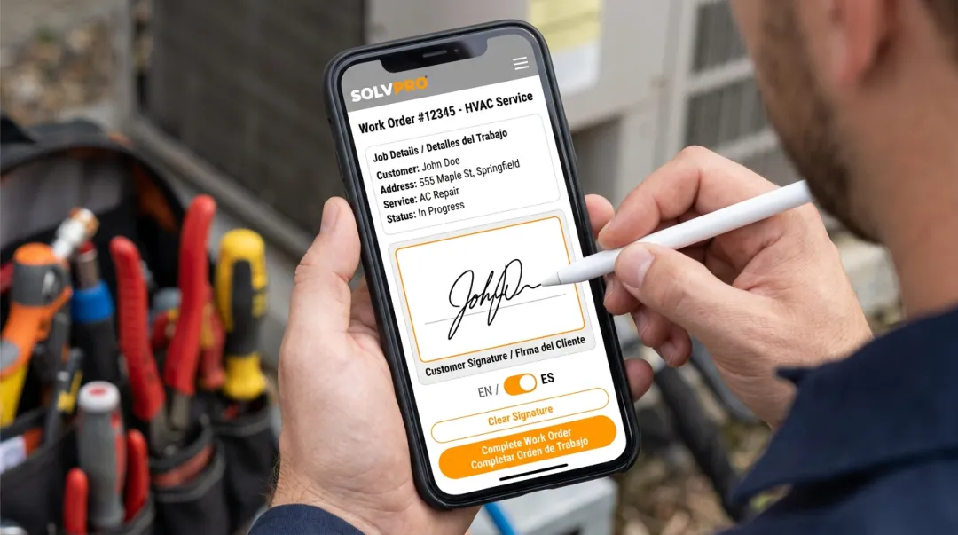 SolvPro mobile interface displaying digital signature capture on job order