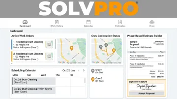 SolvPro field service platform dashboard showing crew scheduling and job tracking