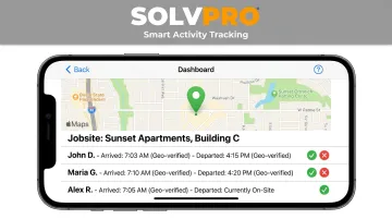 SolvPro mobile app displaying automated crew clock-in geolocation tracking feature