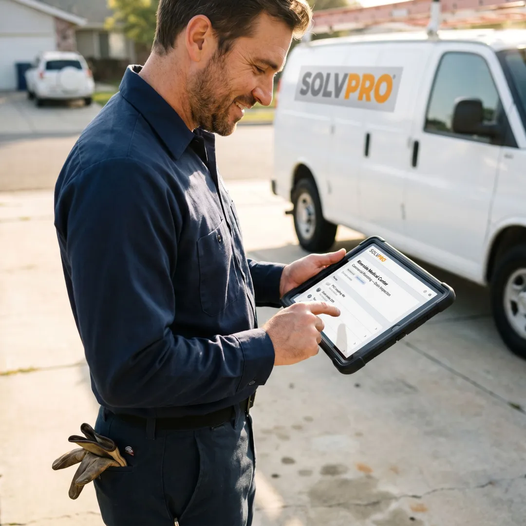 Plumbing technician using work order software on a tablet