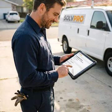 Plumbing technician using work order software on a tablet