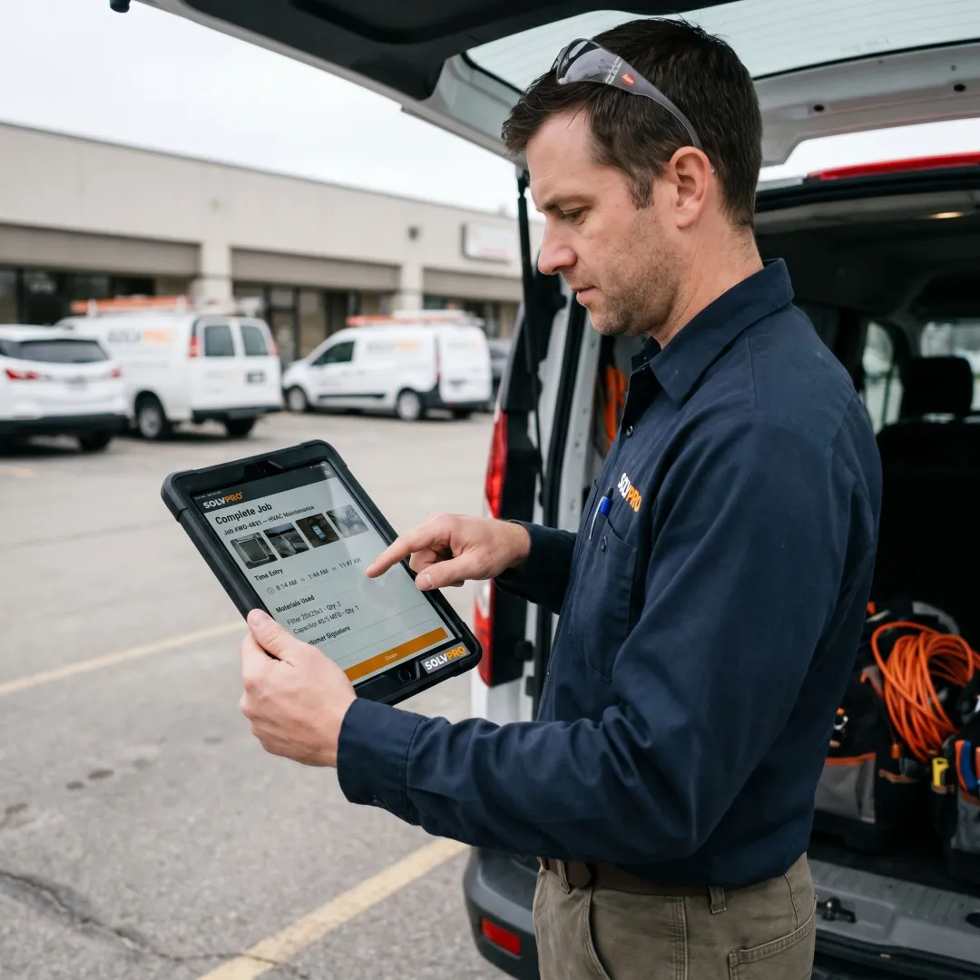 Technician completing a digital field form