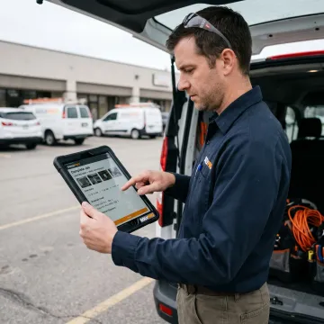 Technician completing a digital field form