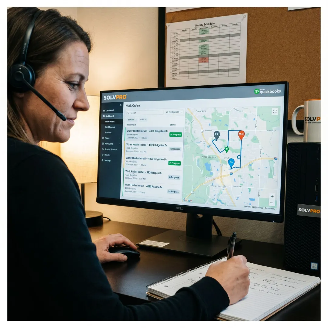 Dispatcher tracking plumbing crews in SolvPro