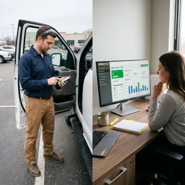 Crew member using mobile time tracking on a job site