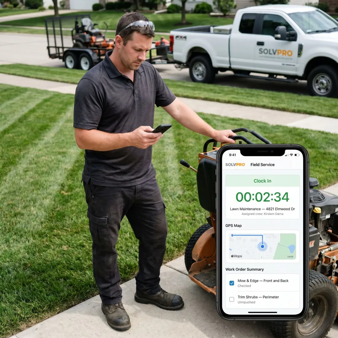 Lawn care crew using mobile time tracking app