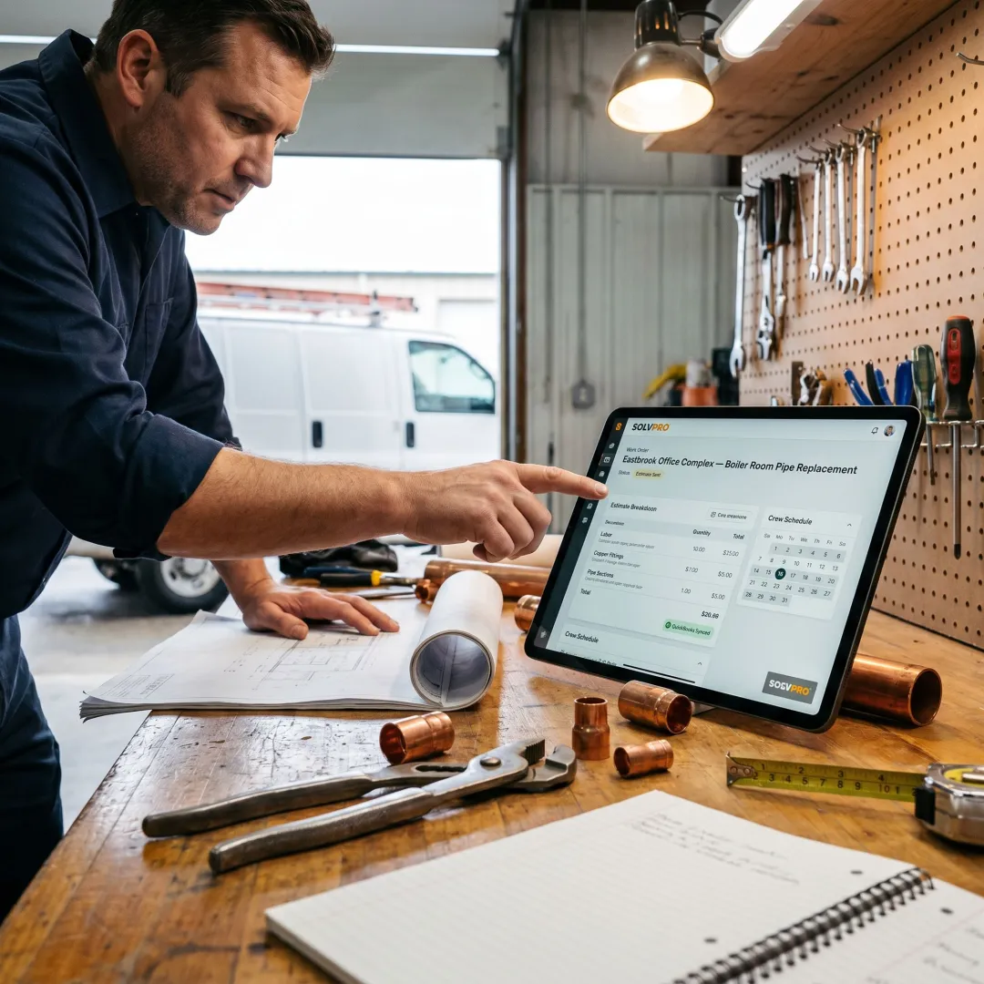 Contractor reviewing plumbing estimate on tablet