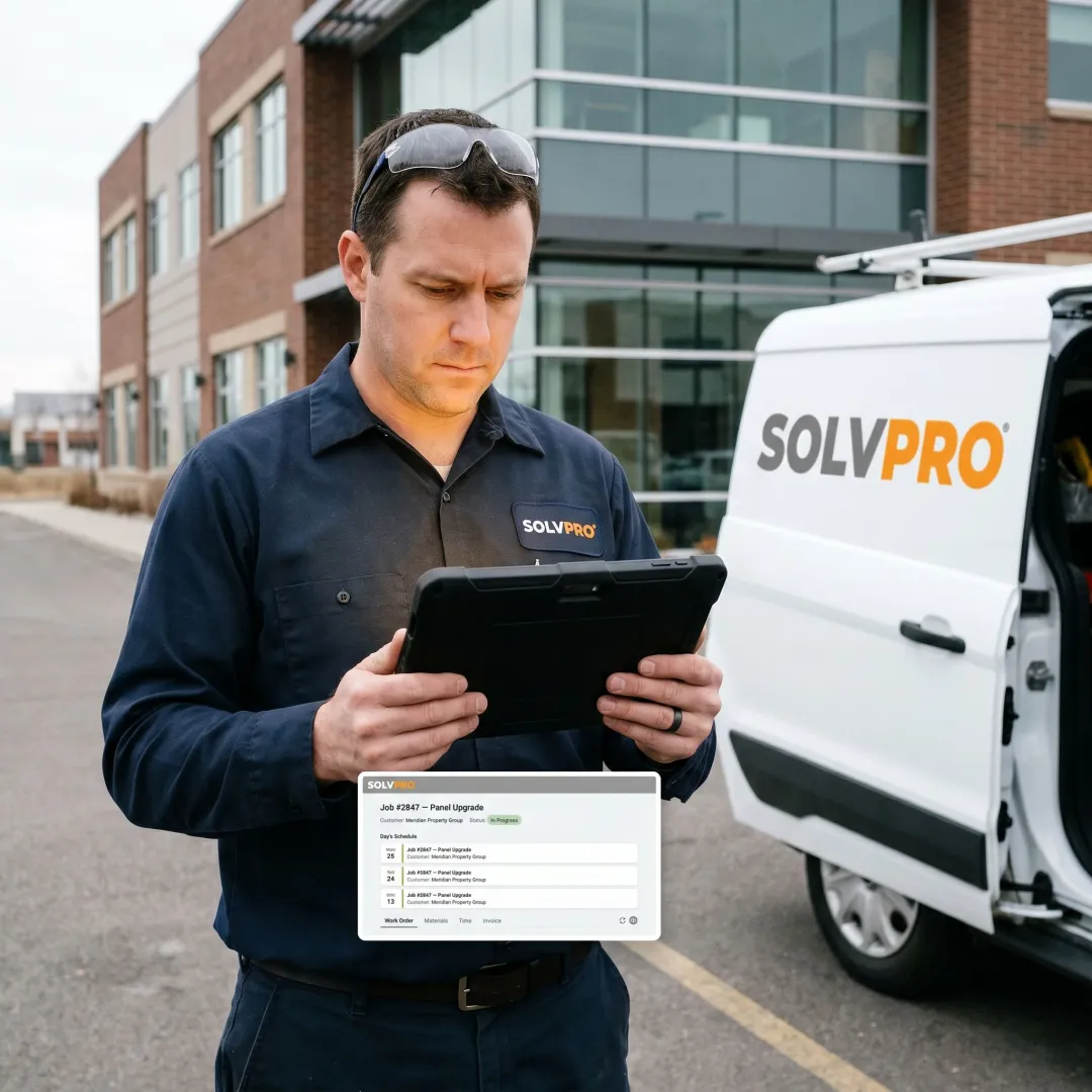 Electrical contractor reviewing job details on a tablet