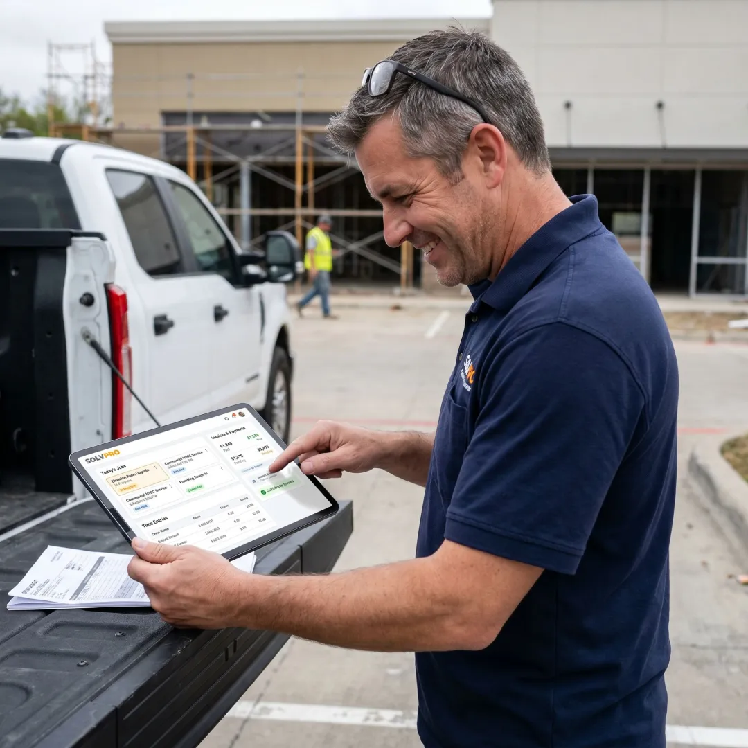 Field service manager reviewing tracked hours and invoices