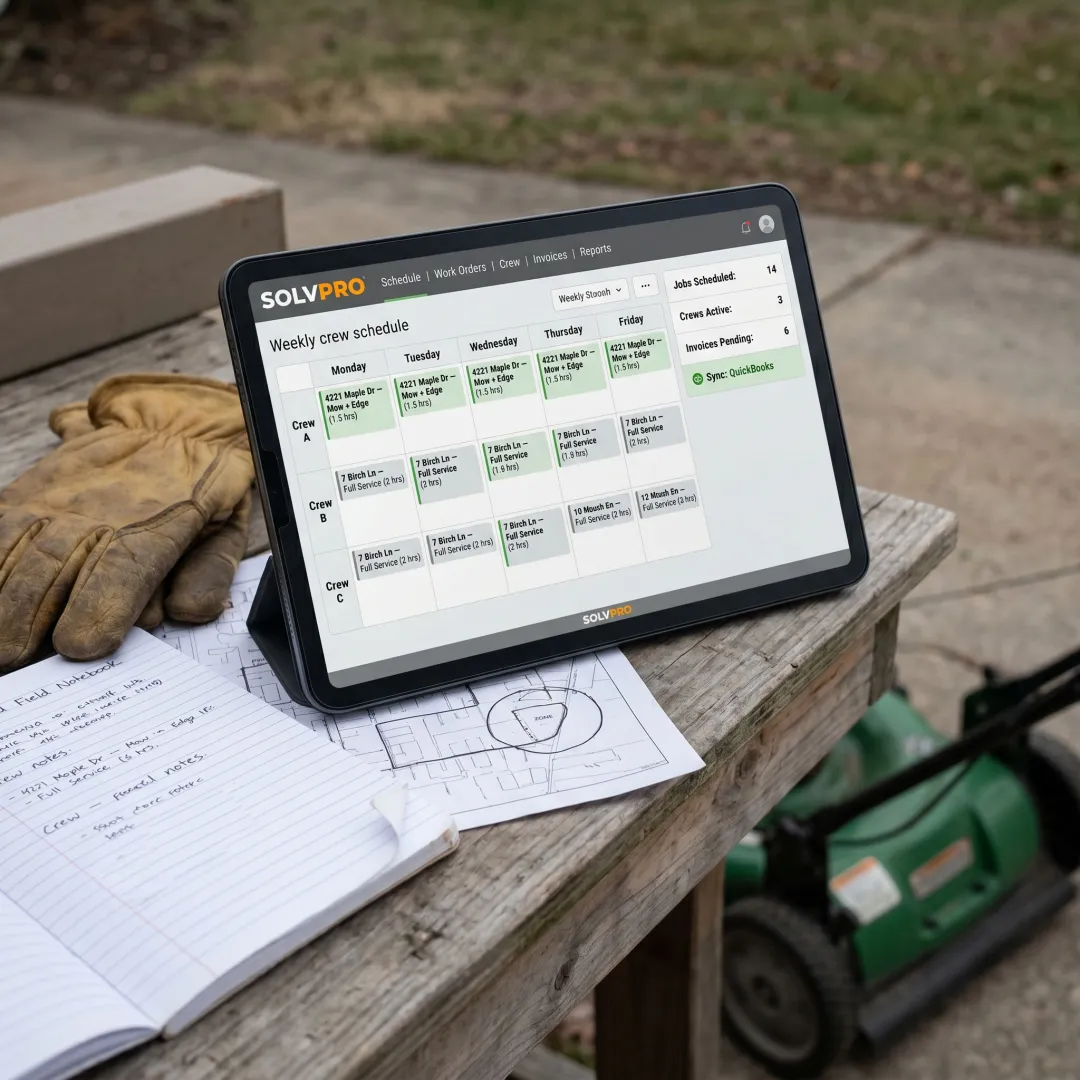 Lawn care scheduling dashboard on tablet