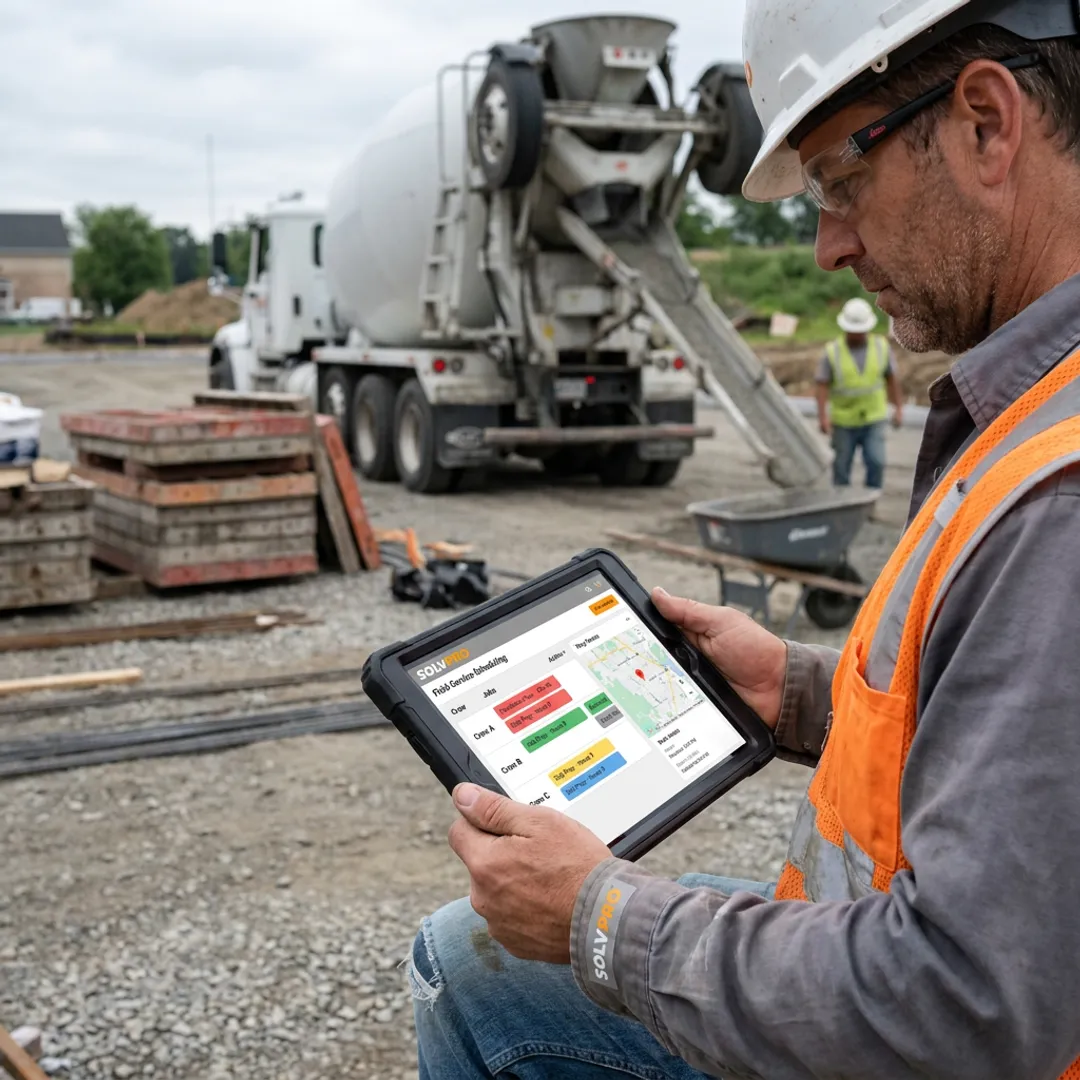 Concrete contractor using scheduling software on tablet