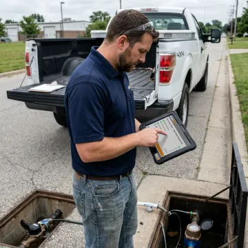 Field technician using water service management software