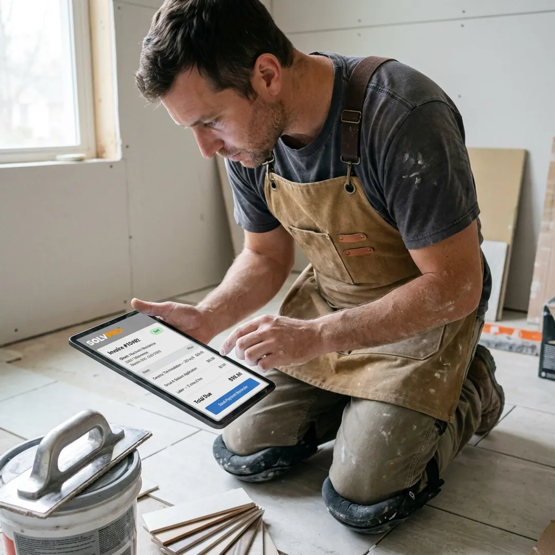 Tile contractor reviewing invoice on tablet