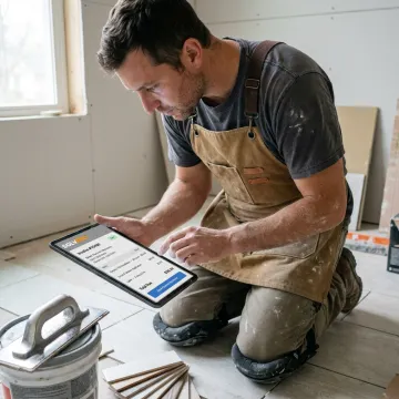 Tile contractor reviewing invoice on tablet