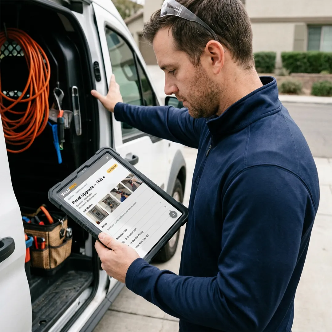 Field technician updating a mobile work order