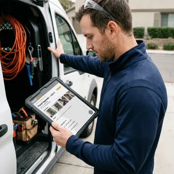 Field technician updating a mobile work order