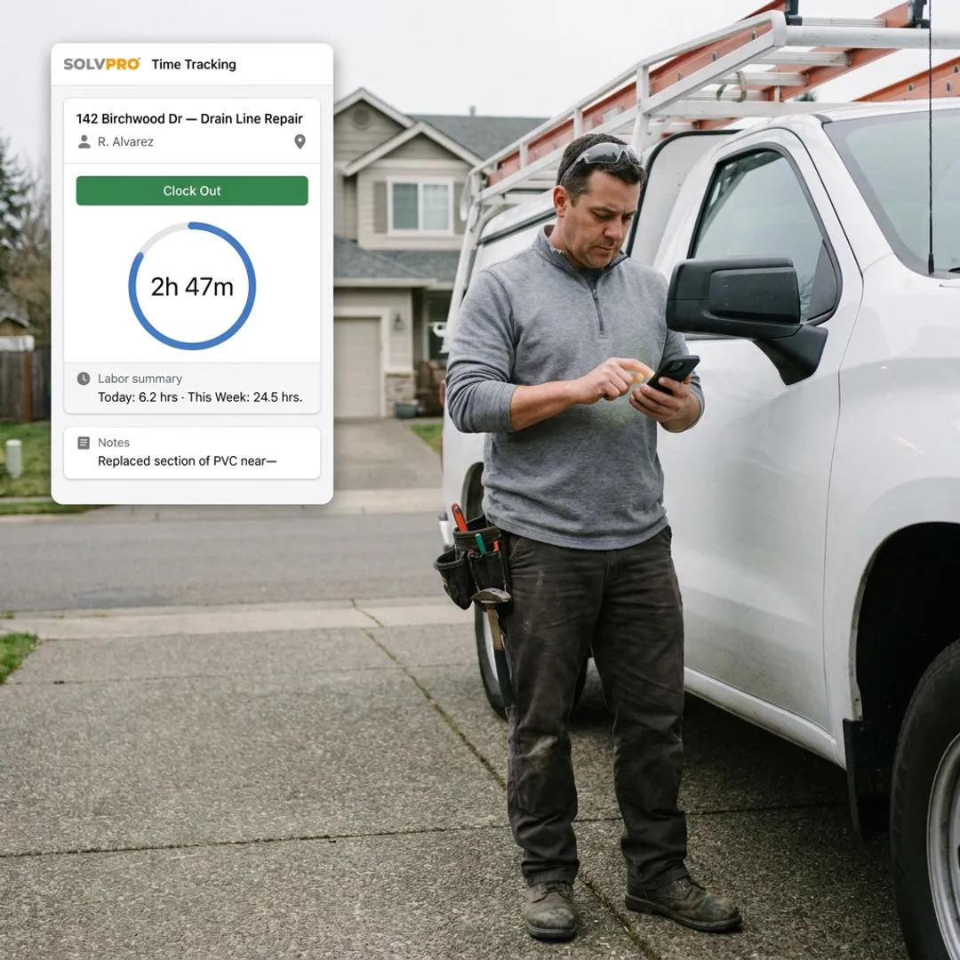 Field crew tracking job time on a mobile app
