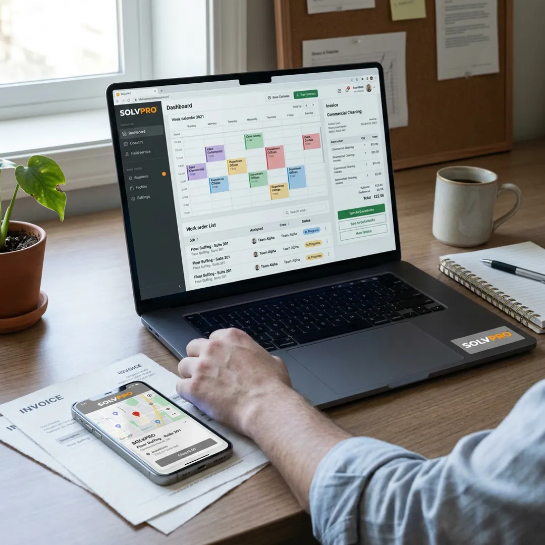 Cleaning business software dashboard on laptop and mobile device
