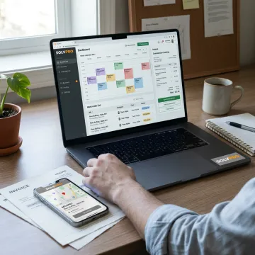 Cleaning business software dashboard on laptop and mobile device