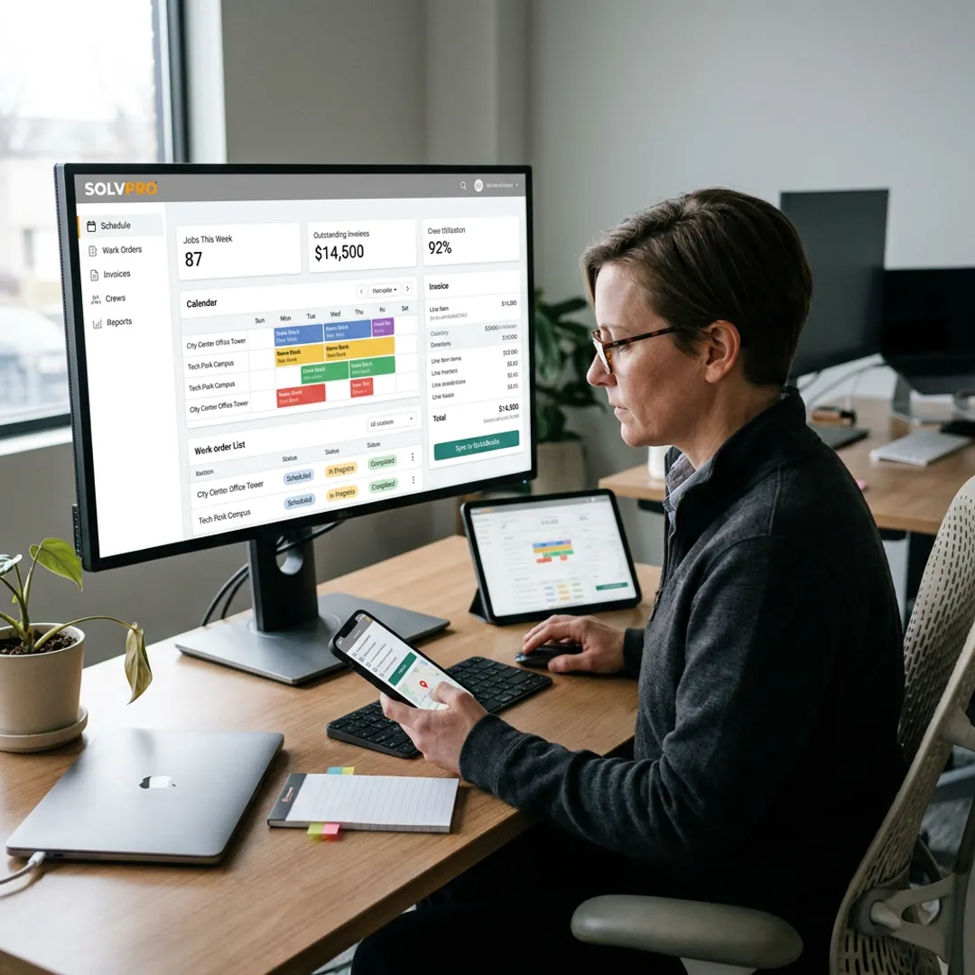 Cleaning operations software dashboard on laptop and phone