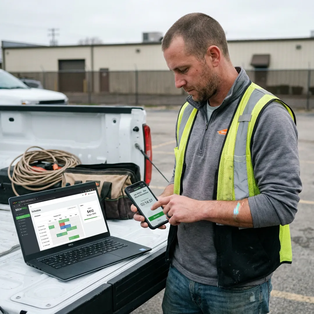 Crew member tracking job time on mobile device
