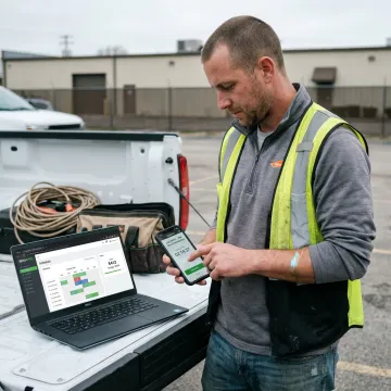 Crew member tracking job time on mobile device