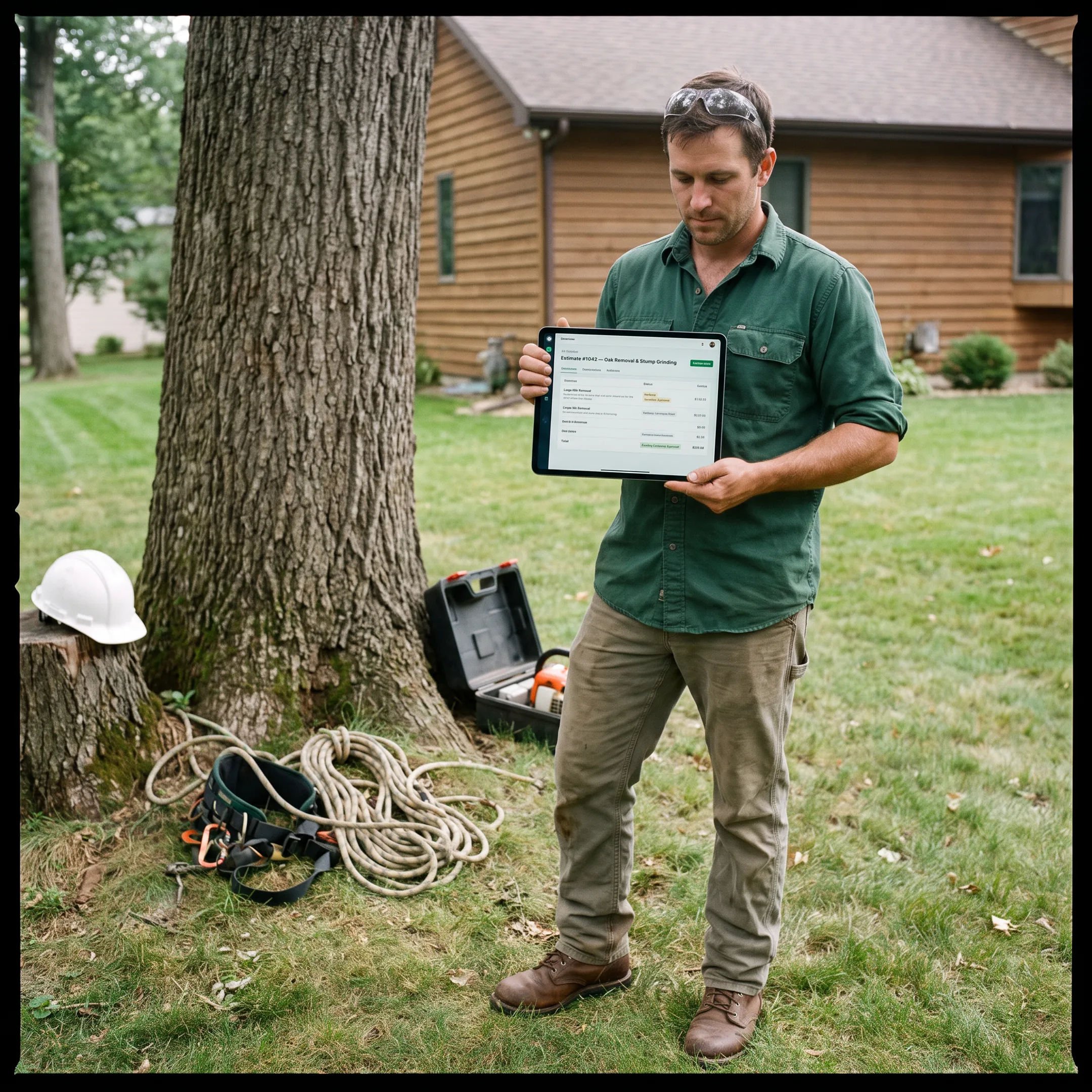 Tree service contractor using digital estimating software on a mobile tablet outdoors