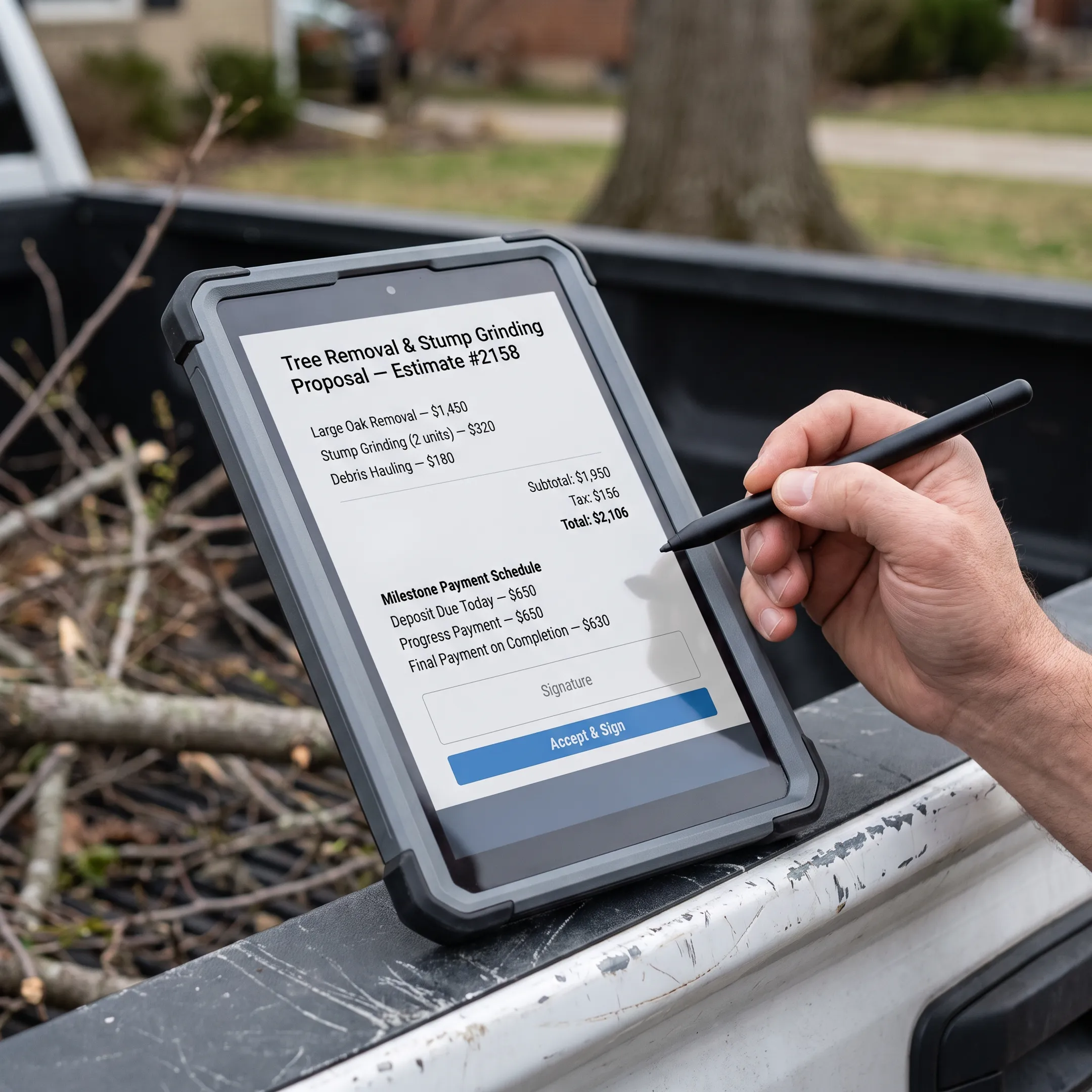 Digital tree service proposal displayed on a tablet screen ready for client signature