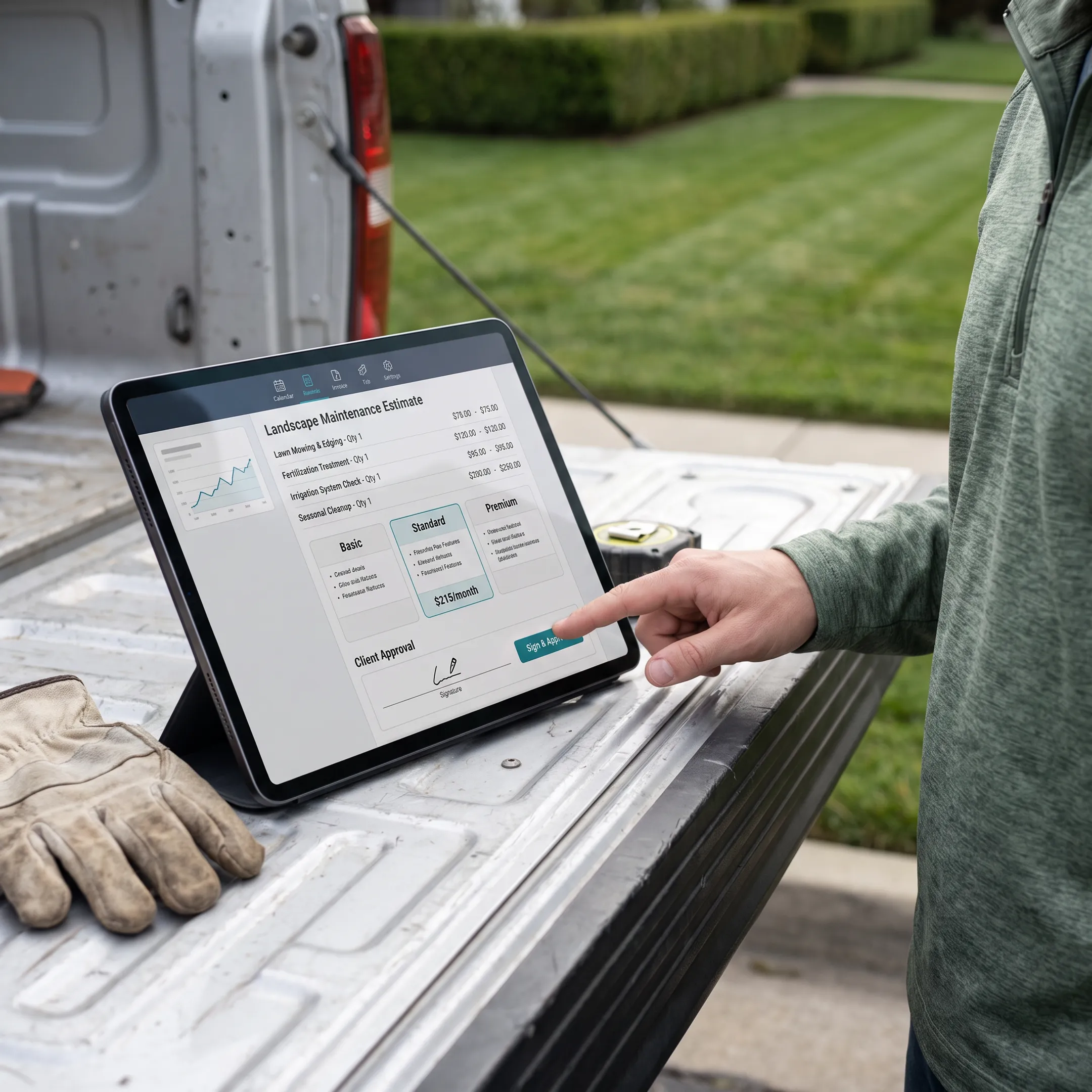 Digital estimate creation screen displaying lawn care itemized line items and totals