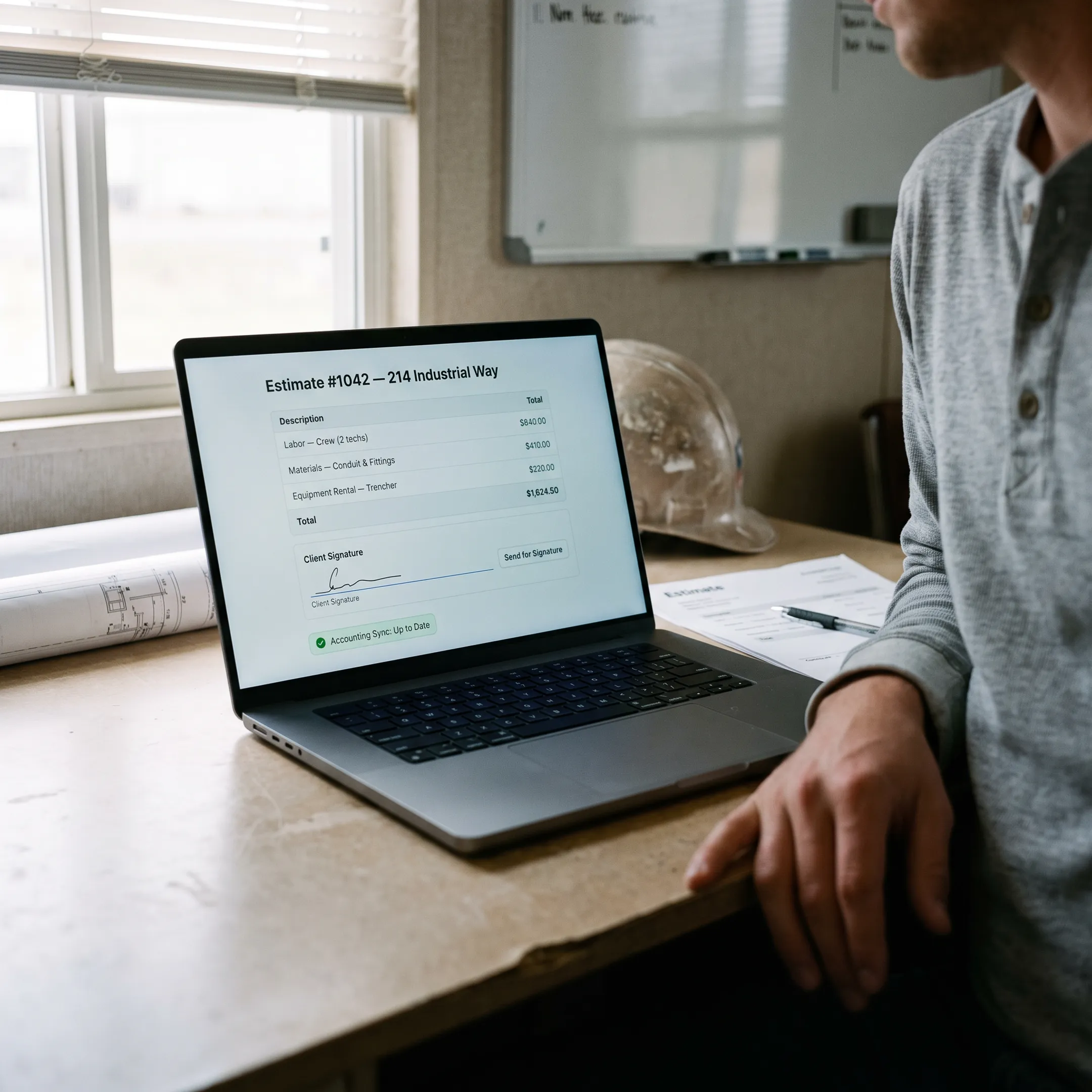Digital dashboard displaying customer quote details synced with QuickBooks Online