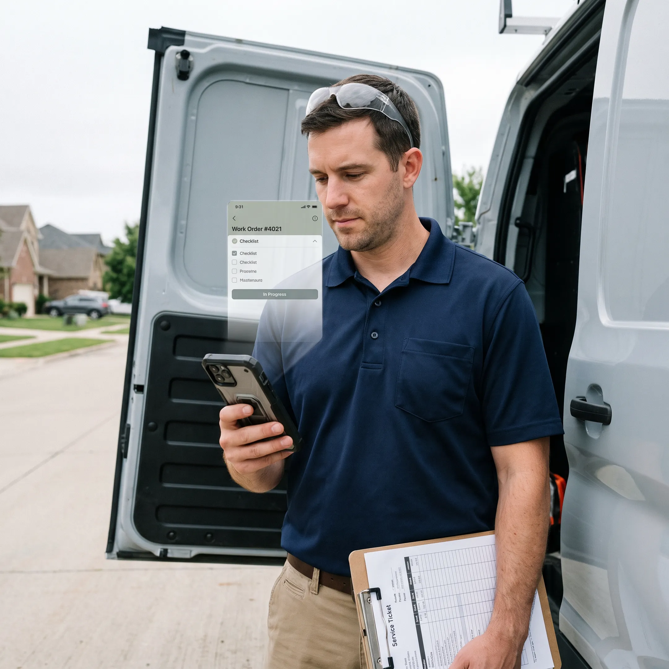 Pest control technician managing a work order on mobile software