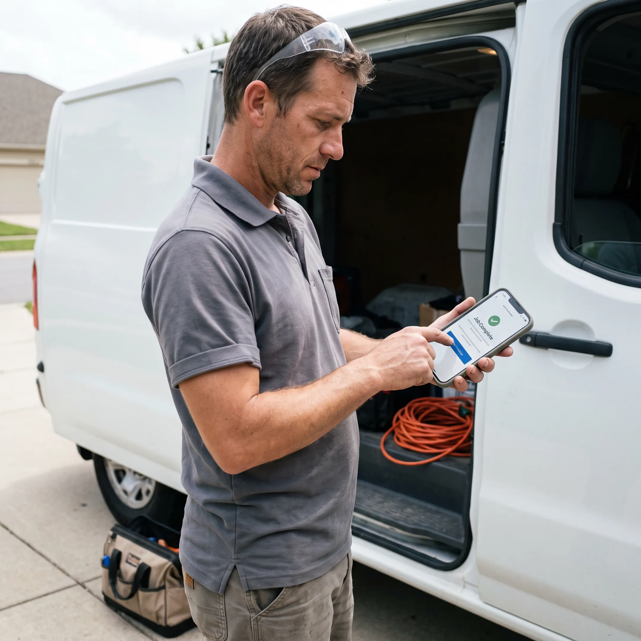 Field service worker sending an invoice from a smartphone