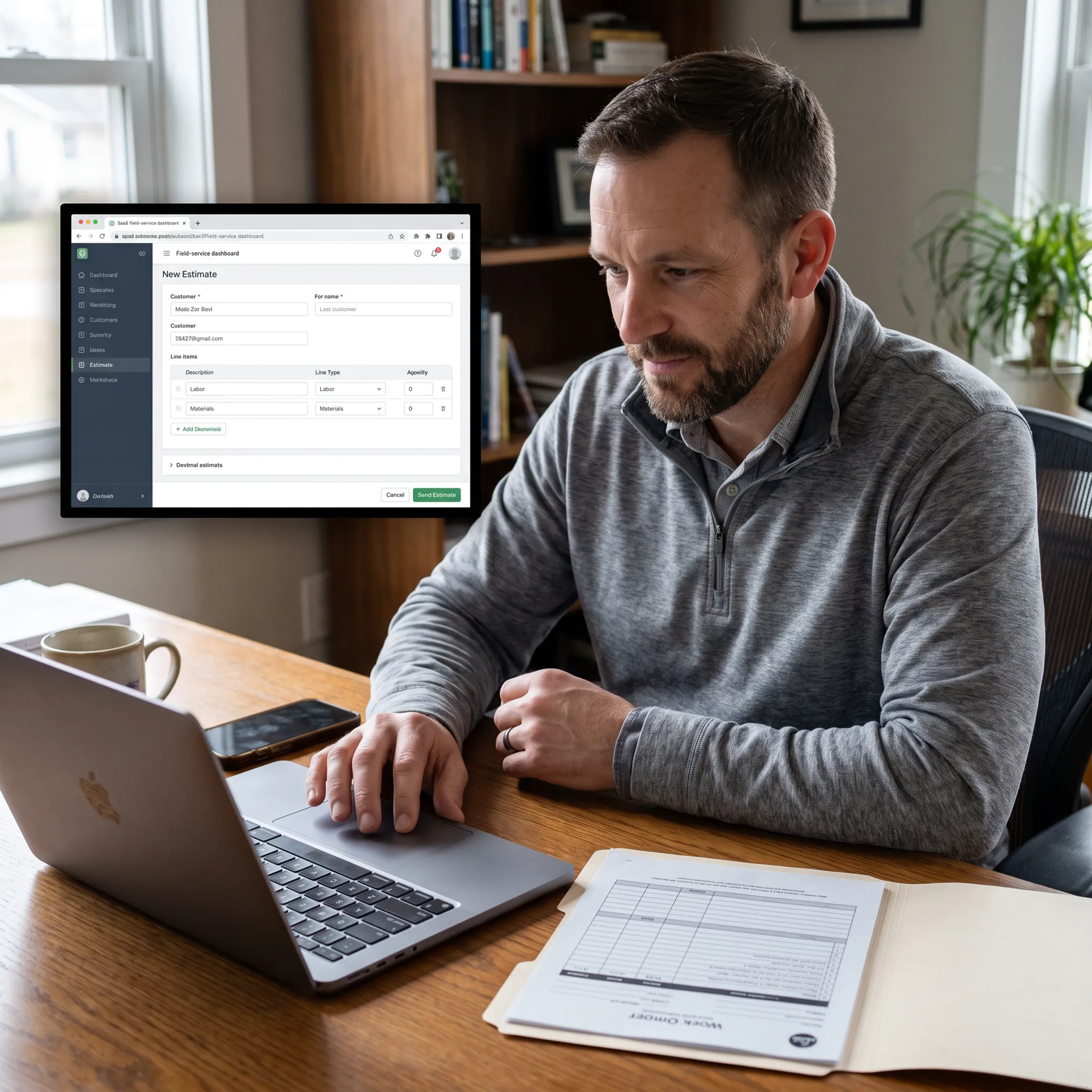 Service business owner creating an estimate and invoice on a Mac
