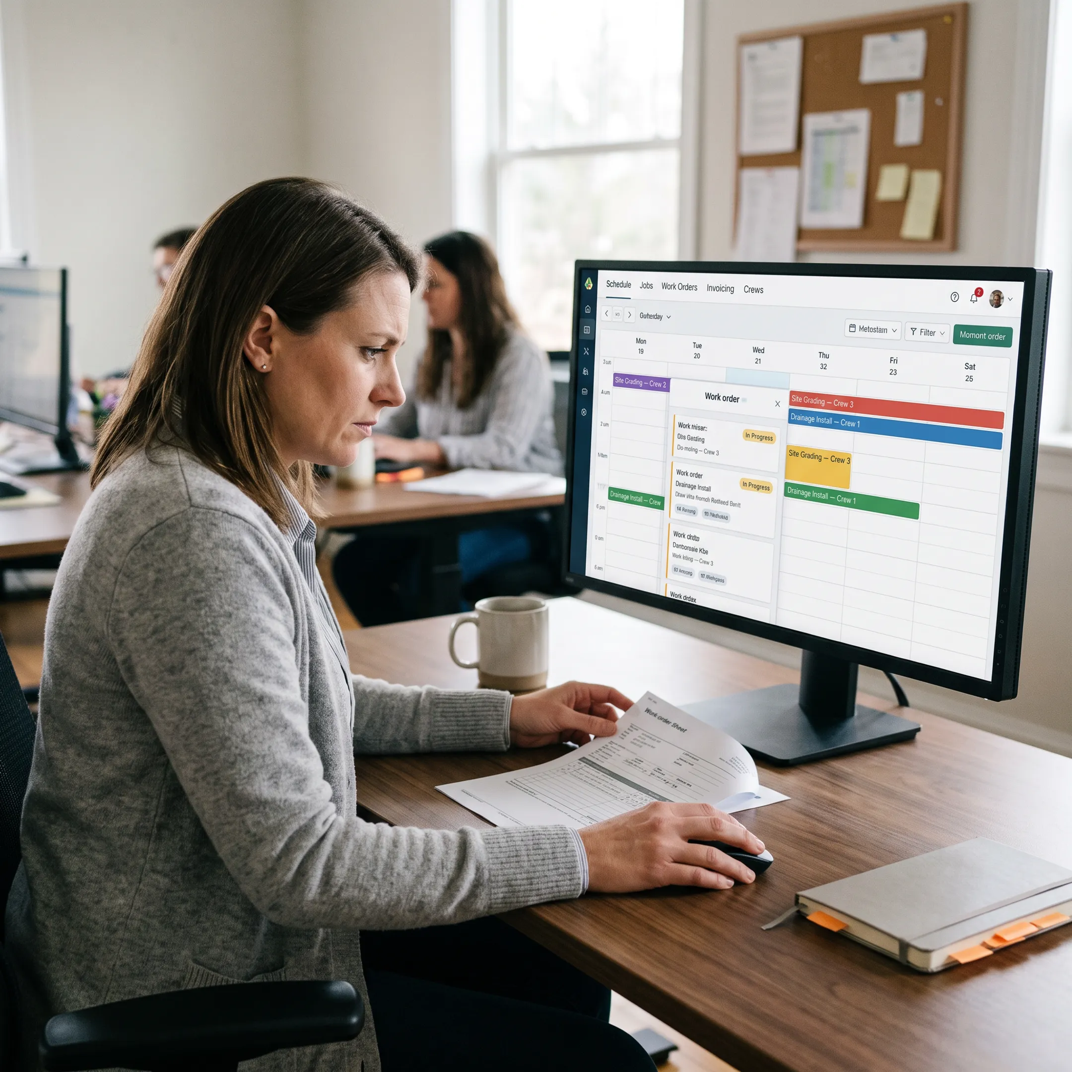Team coordinating subcontractor schedules and job details in field service software