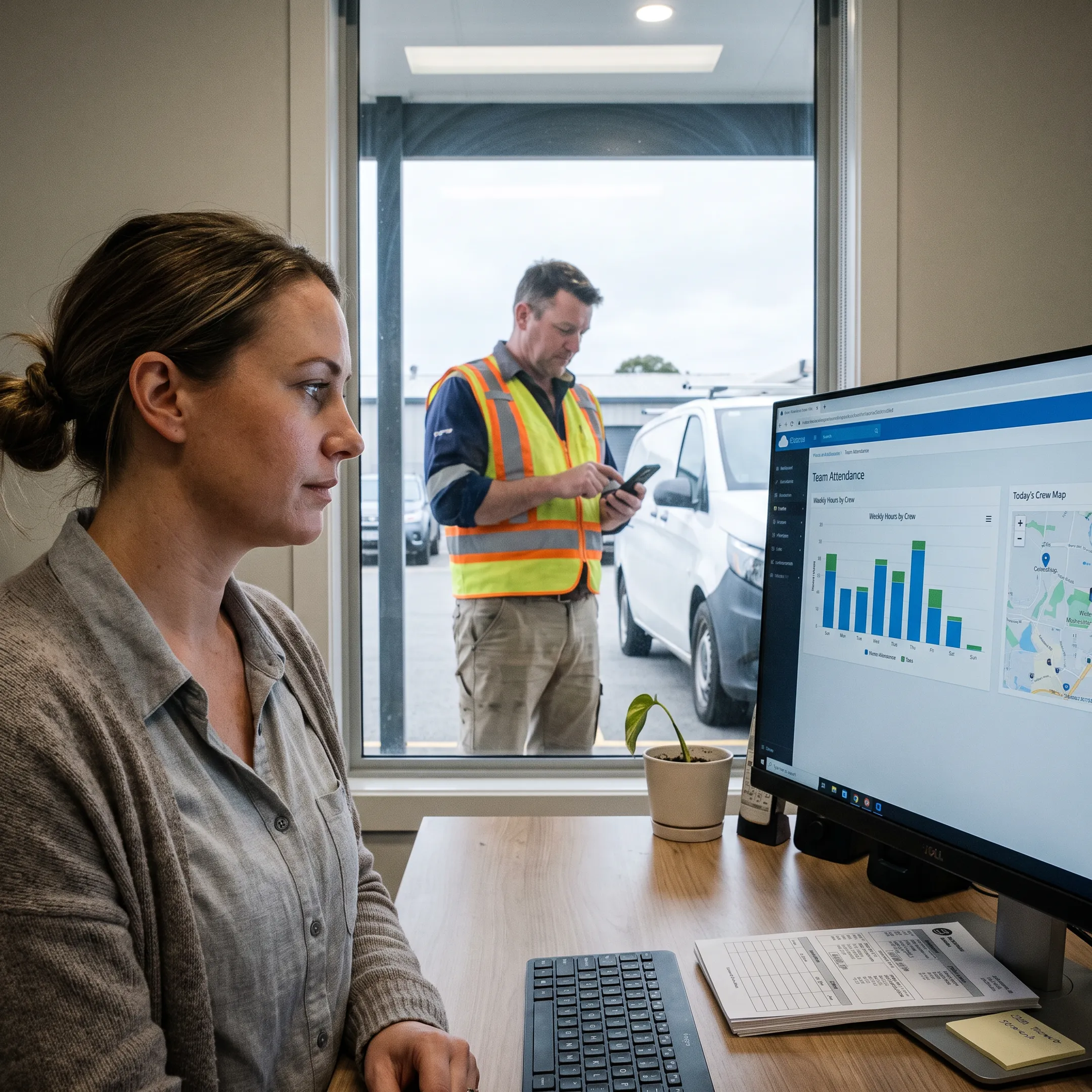 Field service crew member tracking work time on a mobile device