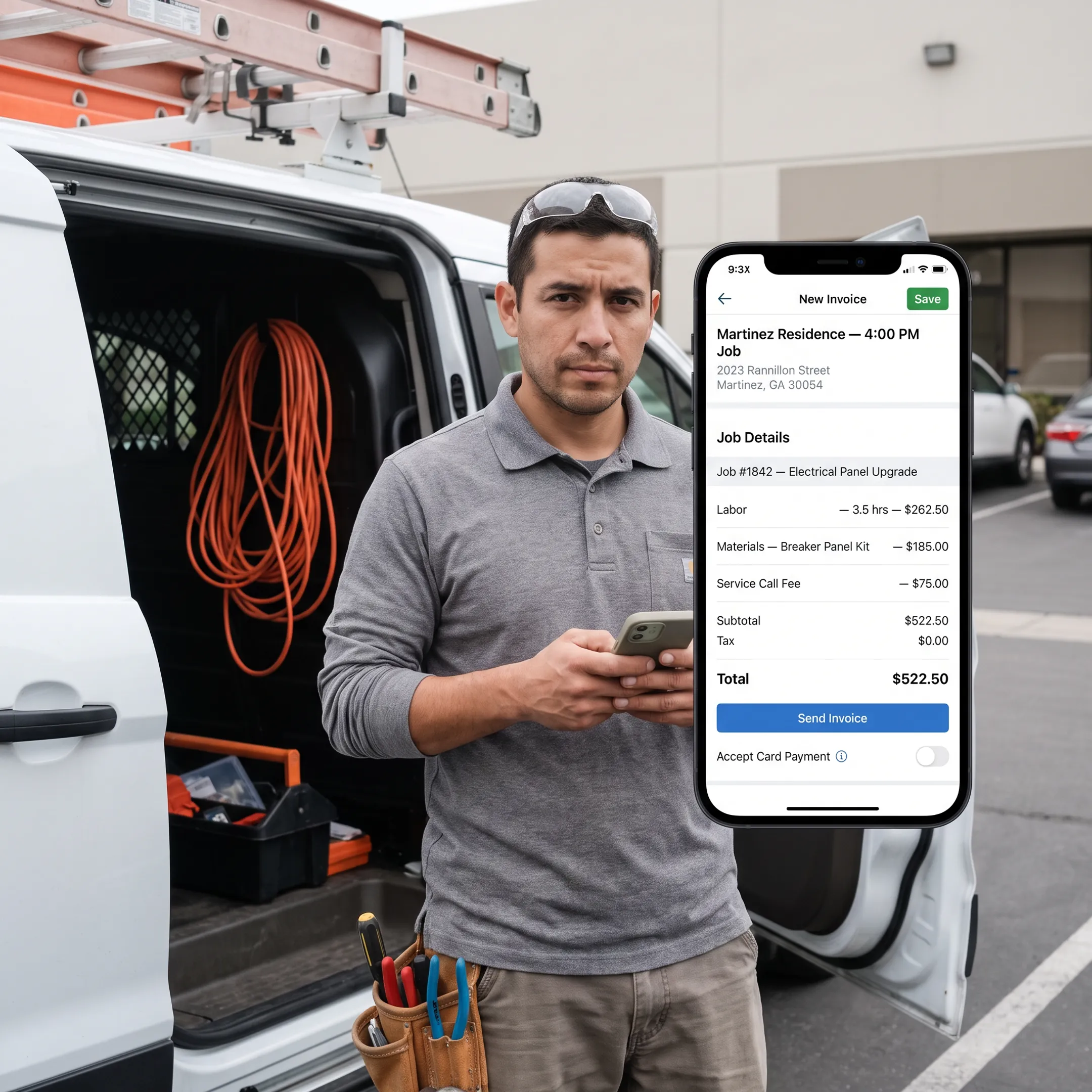 Field service professional creating an invoice on a mobile device