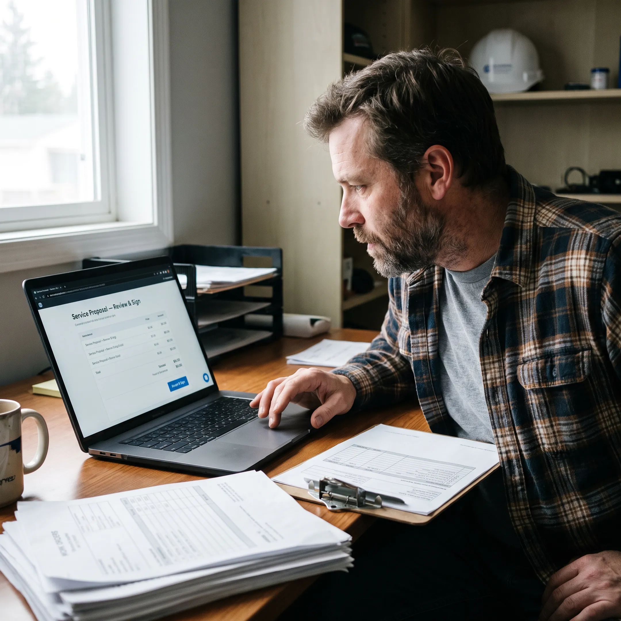 Service business owner reviewing a digital contract for electronic signature