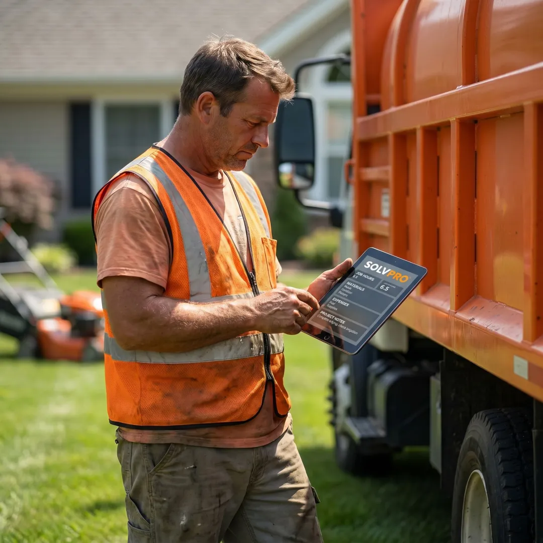 Landscape crew tracking time and job expenses on a tablet