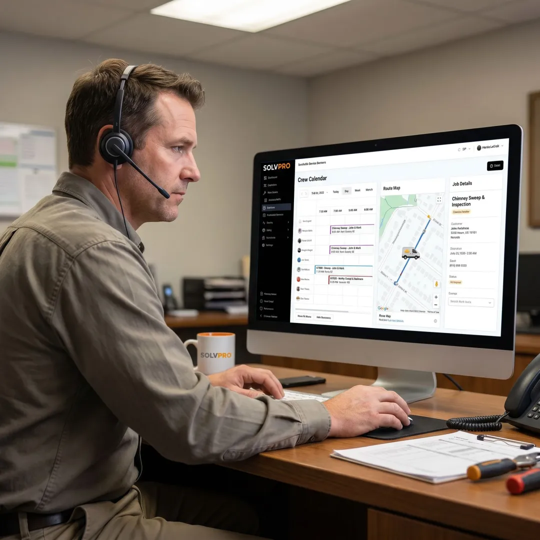 Chimney sweep team using scheduling software