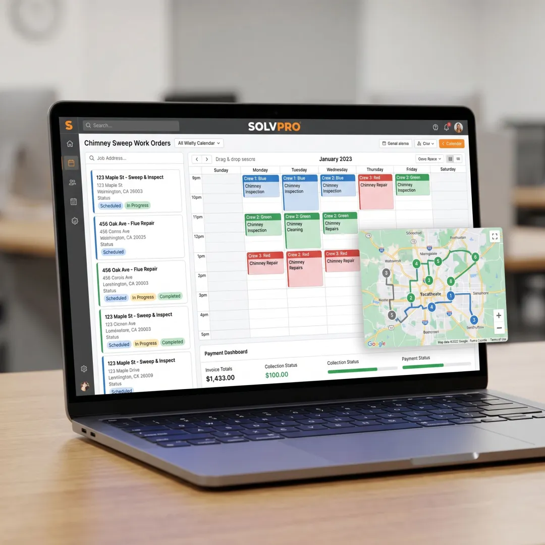 Chimney sweep scheduling workflow on a laptop