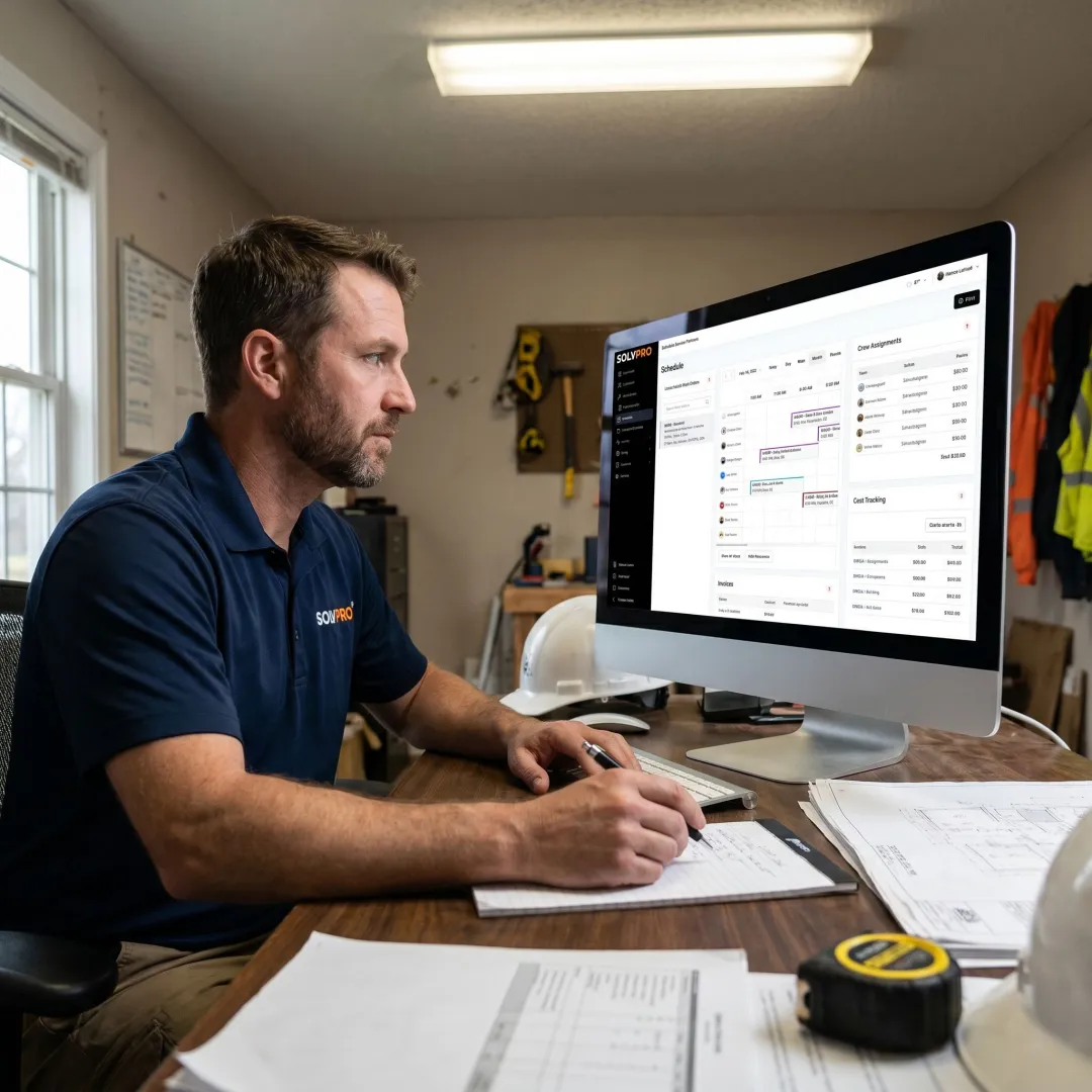Contractor managing project schedules on software dashboard