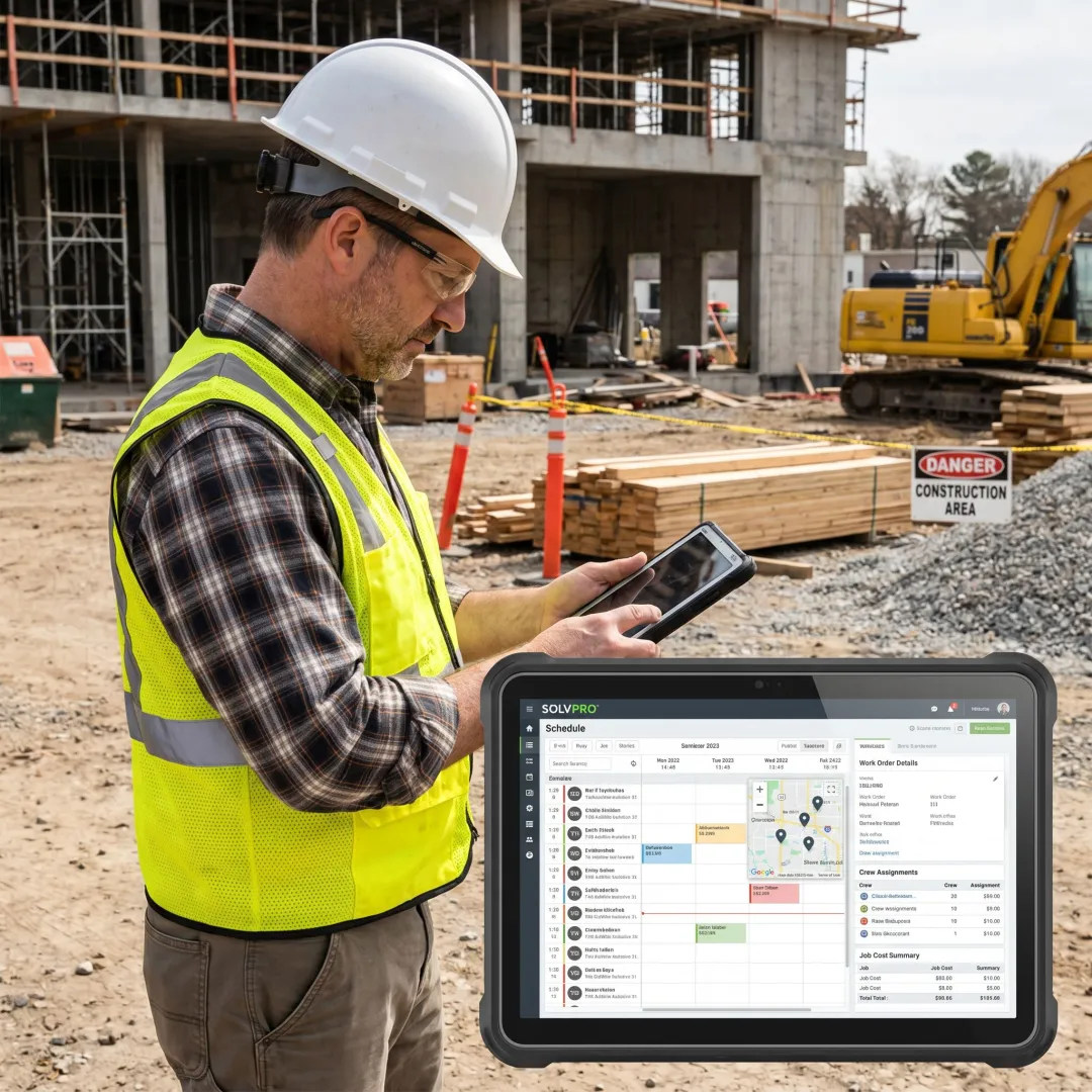 Contractor using project management software at a job site