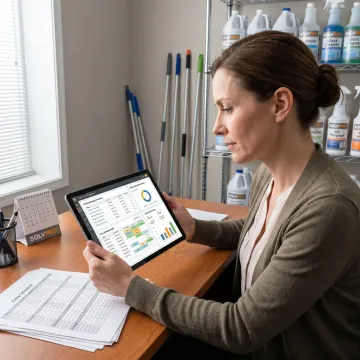 Cleaning company manager tracking supplies on software dashboard