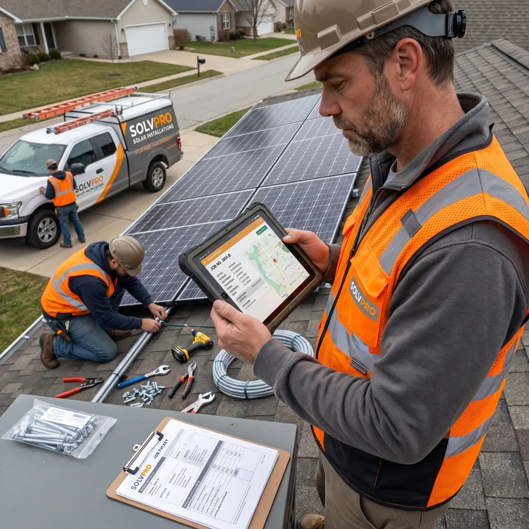 Solar installation team using field service software