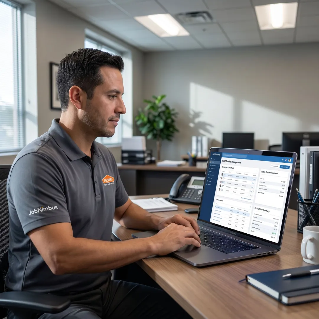 Field service manager reviewing job costs and employee timesheets
