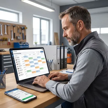Manager scheduling garage door jobs and reviewing mobile invoice
