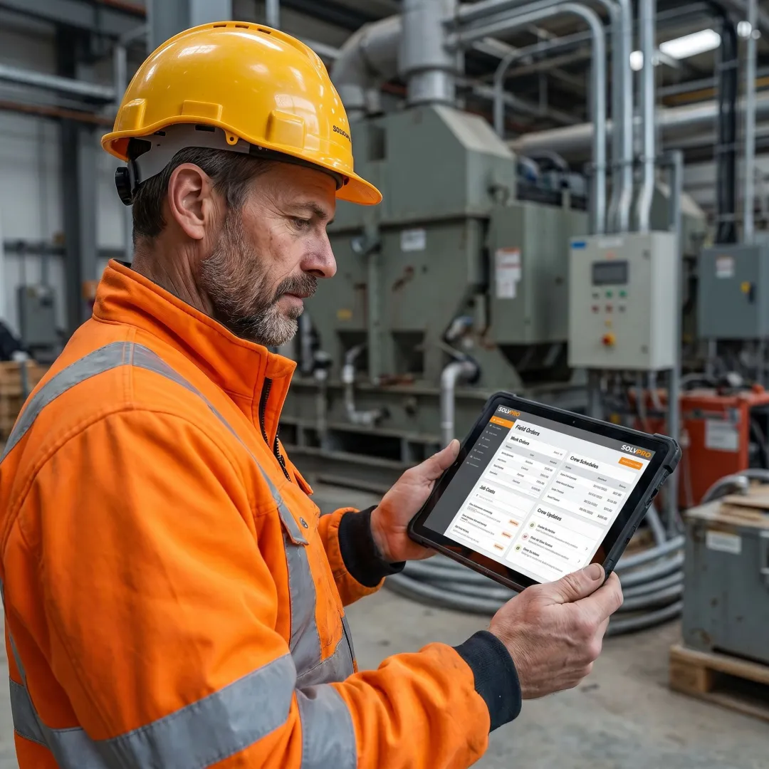 Electrical contractor reviewing job management software on tablet