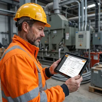 Electrical contractor reviewing job management software on tablet