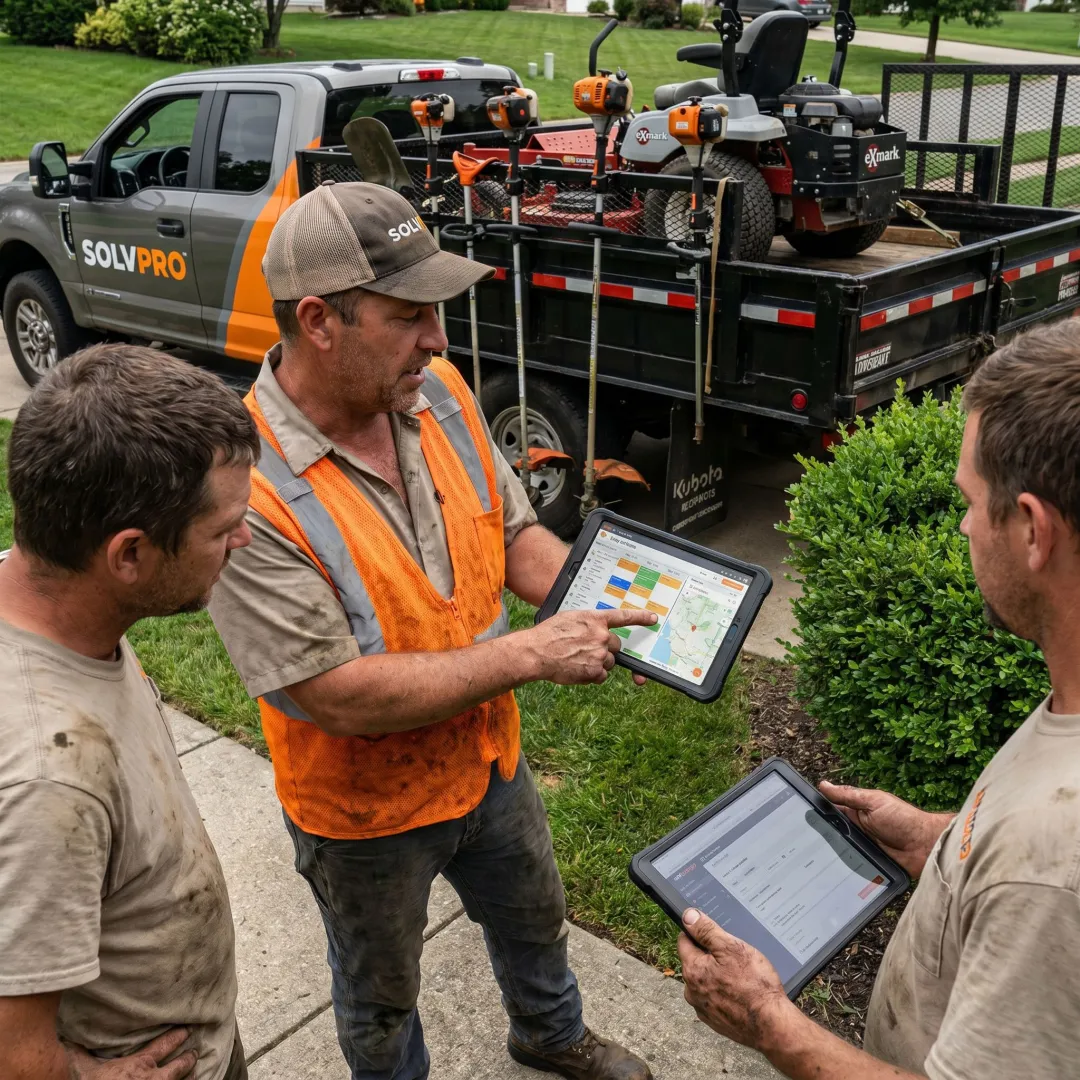 Landscaping crew using business management software