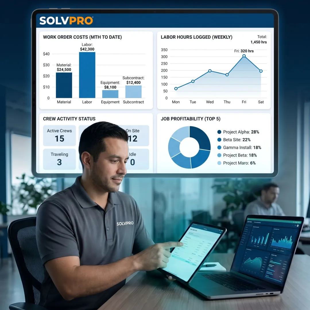 Field service dashboard showing labor hours and job costs
